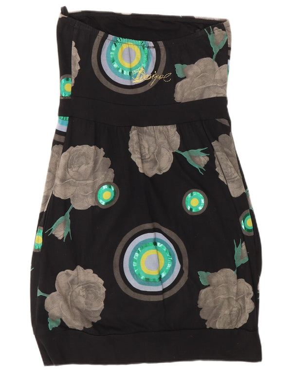 Desigual Damen grafisches trägerloses Kleid UK 8 Small Schwarz geblümte Baumwolle