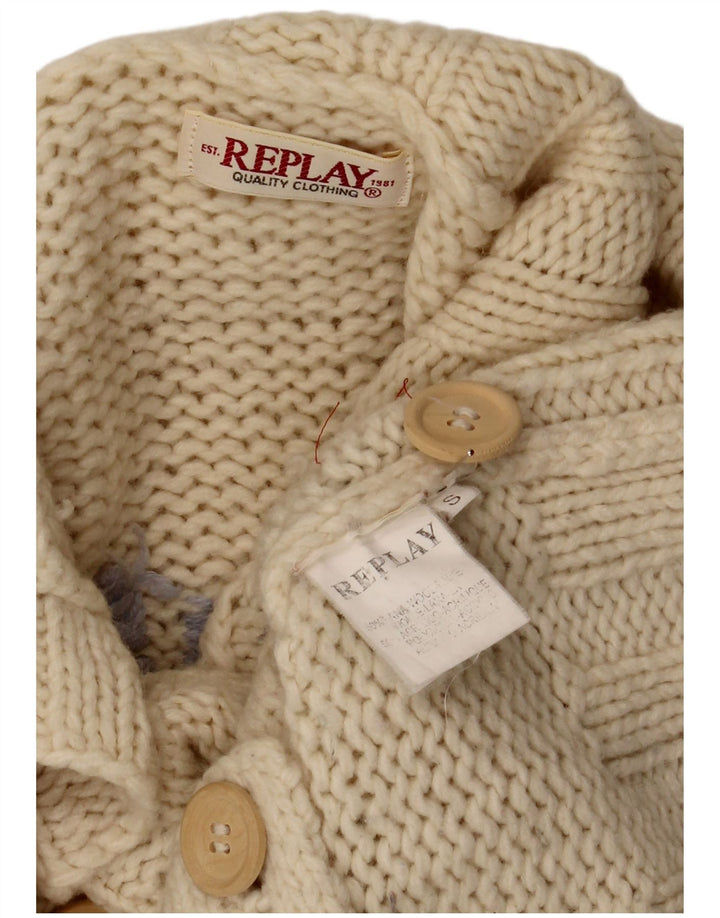 Replay Damen-Cardigan mit Grafik, UK 10, Größe S, cremefarbene Wolle