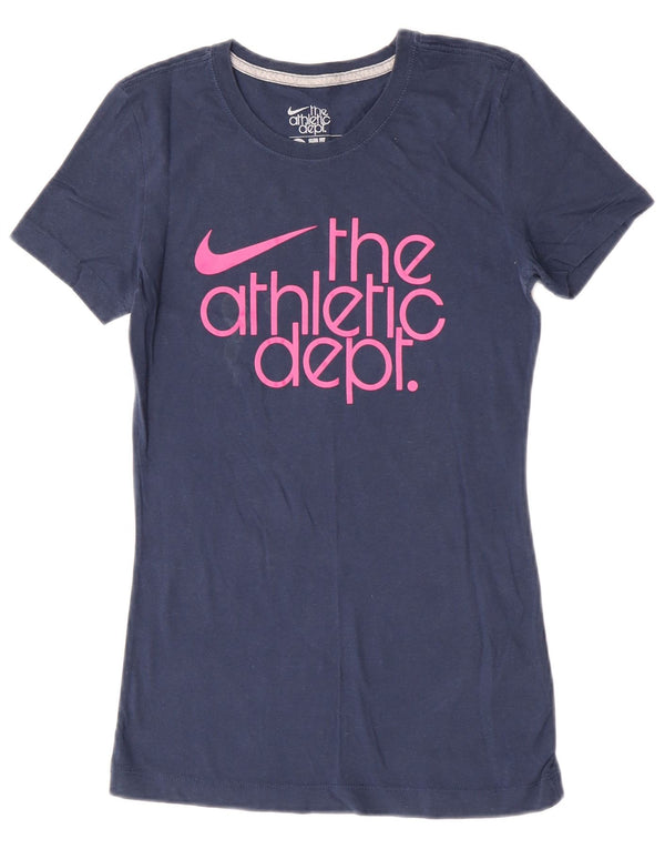 Nike Damen Slim Fit Graphic T-Shirt Top UK 8 Small Marineblau Baumwolle