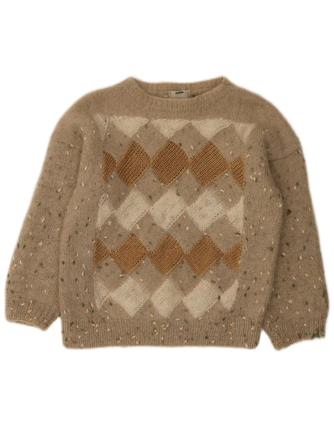 Vintage Damen Pullover mit U-Boot-Ausschnitt, UK 12, Mittelbeige, Argyle/Diamant