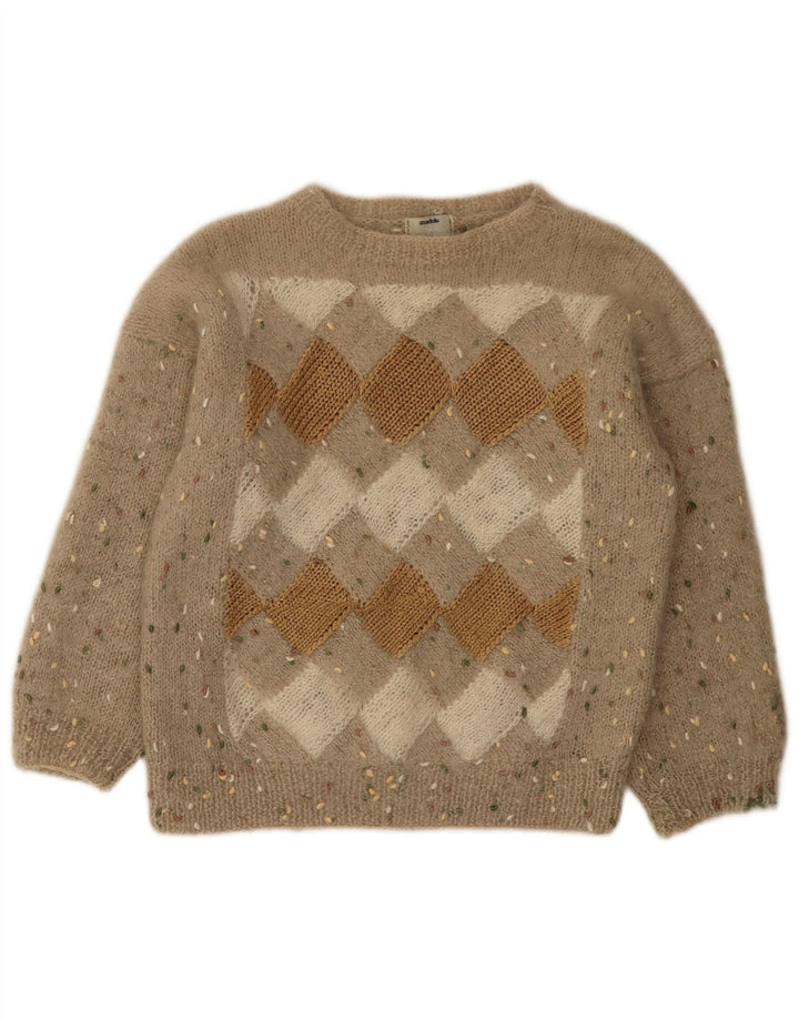 Vintage Damen Pullover mit U-Boot-Ausschnitt, UK 12, Mittelbeige, Argyle/Diamant