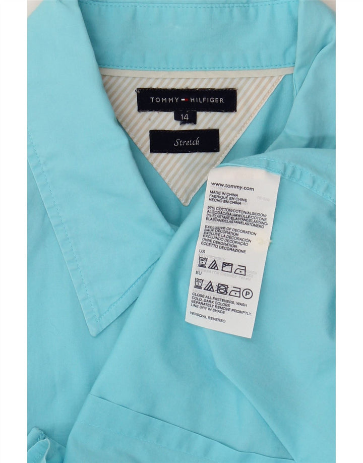TOMMY HILFIGER Damen Kurzarmhemd UK 14 Mittelblaue Baumwolle