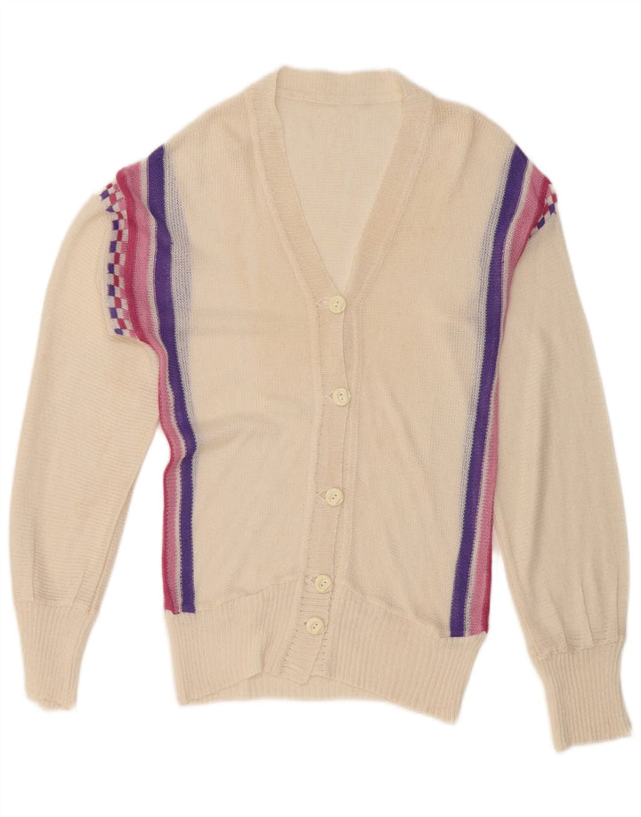 Vintage Damen Cardigan Pullover UK 12 Medium Off White gestreift