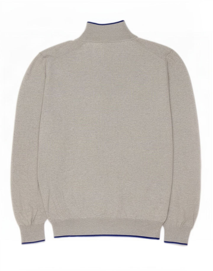Massimo Dutti Herren-Pullover mit Knopfkragen, groß, grau gesprenkelte Baumwolle