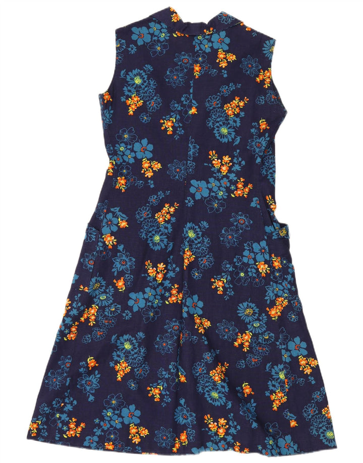 VINTAGE Damen Ärmelloses A-Linien-Kleid UK 12 Medium Navy Blue Floral