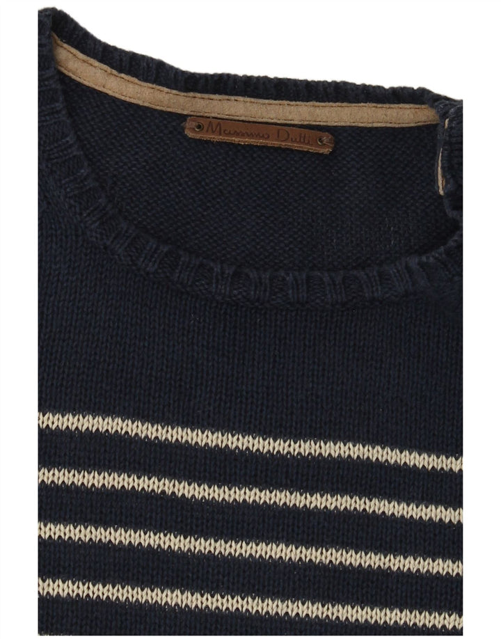 Massimo Dutti Herren-Pullover mit Rundhalsausschnitt, mittelblau gestreift