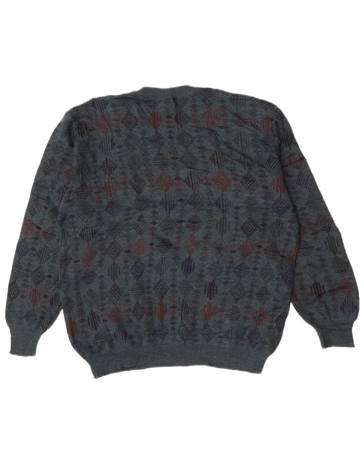 Vintage Herren-Pullover mit Rundhalsausschnitt, mittelblaue geometrische Schurwolle