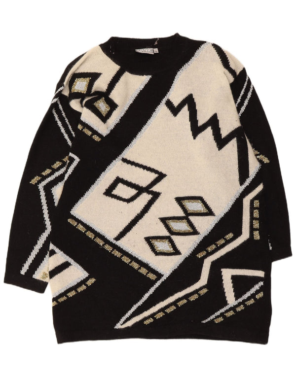 Vintage Damen Pulloverkleid UK 16 Große schwarze geometrische Lammwolle