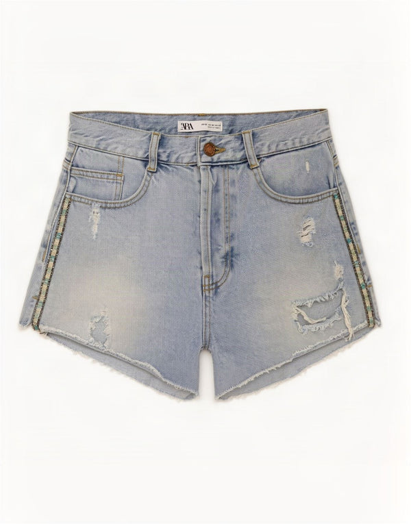 Zara Damen Distressed Denim Shorts EU 38 Small W28 Blau