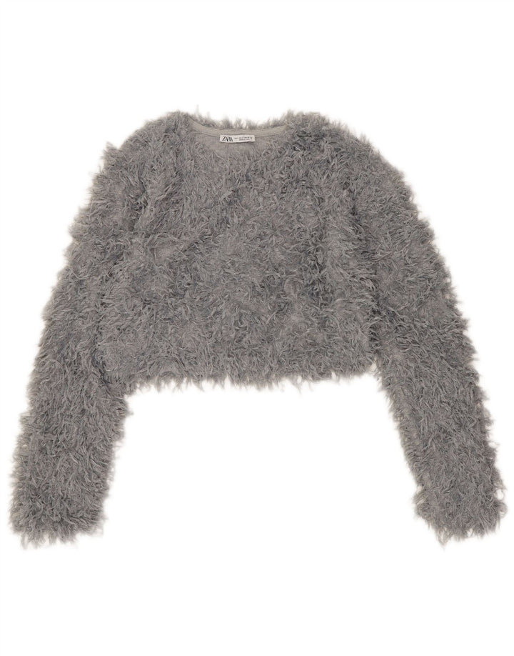 Zara Damen Crop-Pullover mit U-Boot-Ausschnitt, Gr. 10, Größe S, Grau, Polyester