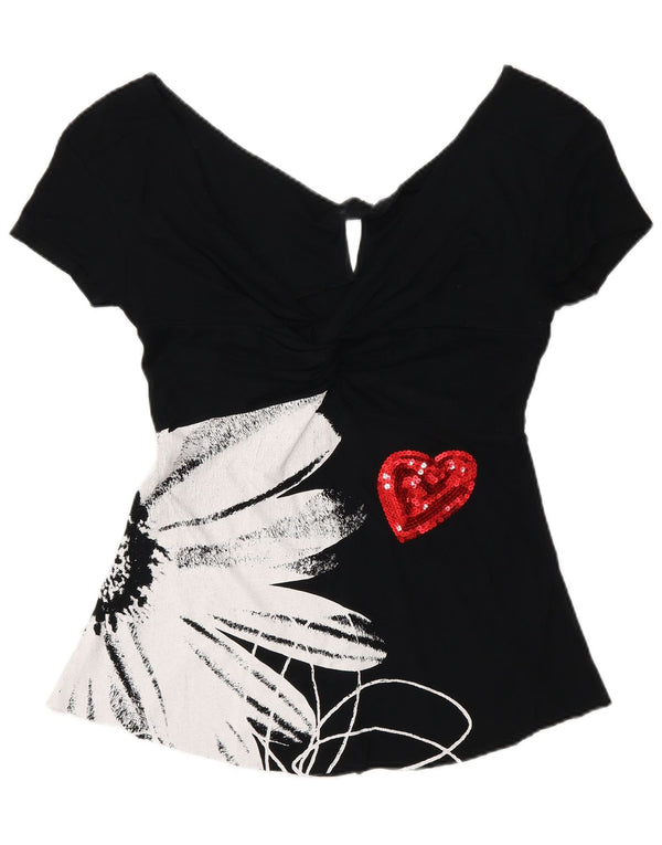Desigual Womens Graphic Bluse Top UK 8 Small Black Floral Heart