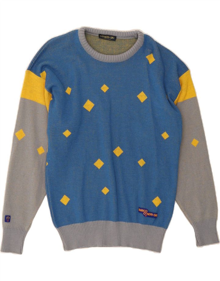 VINTAGE Mens Crew Neck Jumper Sweater US 40 Medium Blue Colourblock Wool Vintage Vintage and Second-Hand Vintage from Messina Hembry 