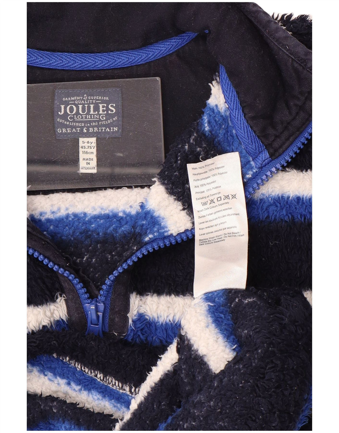 JOULES Jungen-Fleecepullover mit Reißverschluss am Kragen, 5–6 Jahre, blau gestreift, Polyester