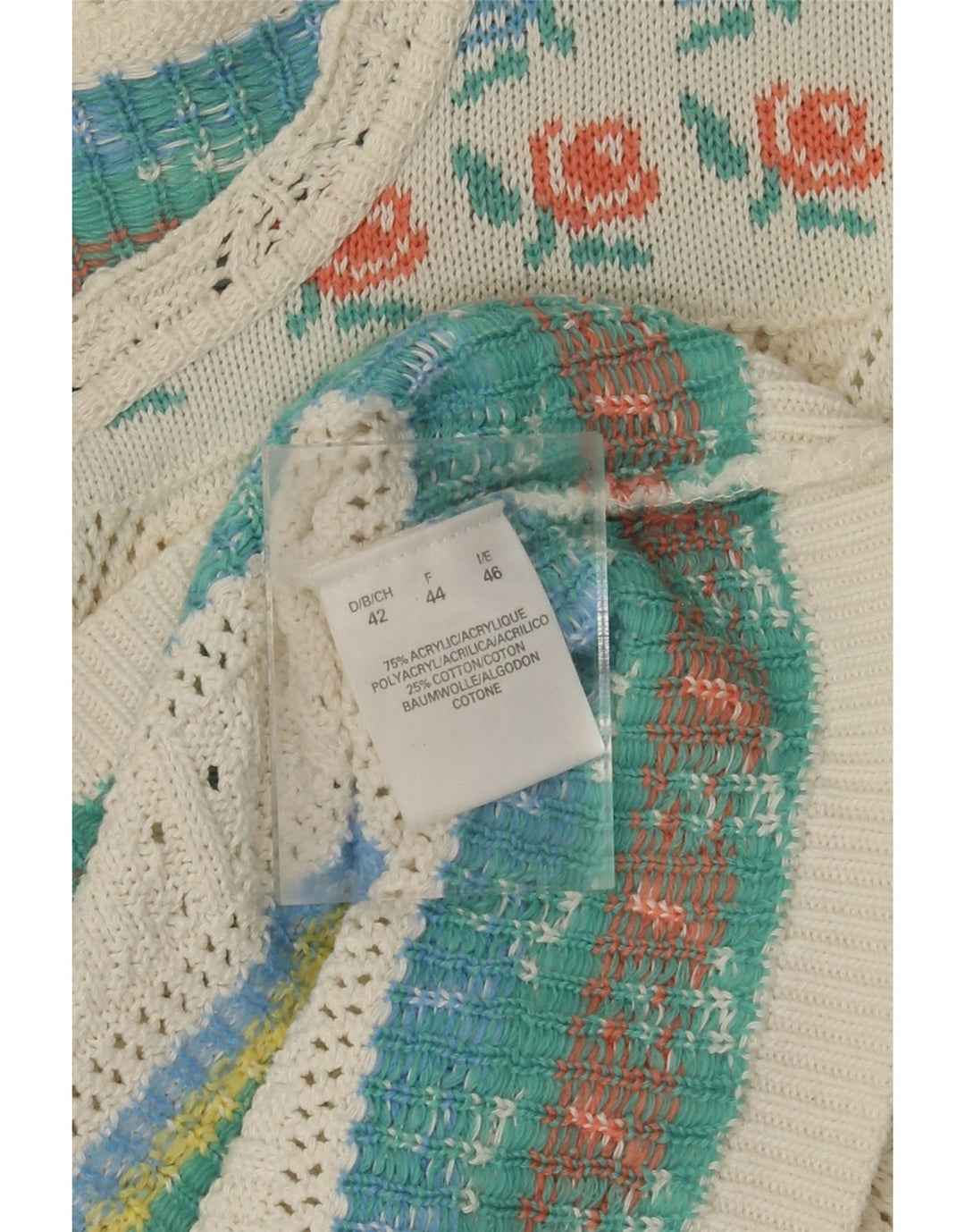 VINTAGE Damen-Pullover mit U-Boot-Ausschnitt, IT 46, großes weißes Blumen-Acryl