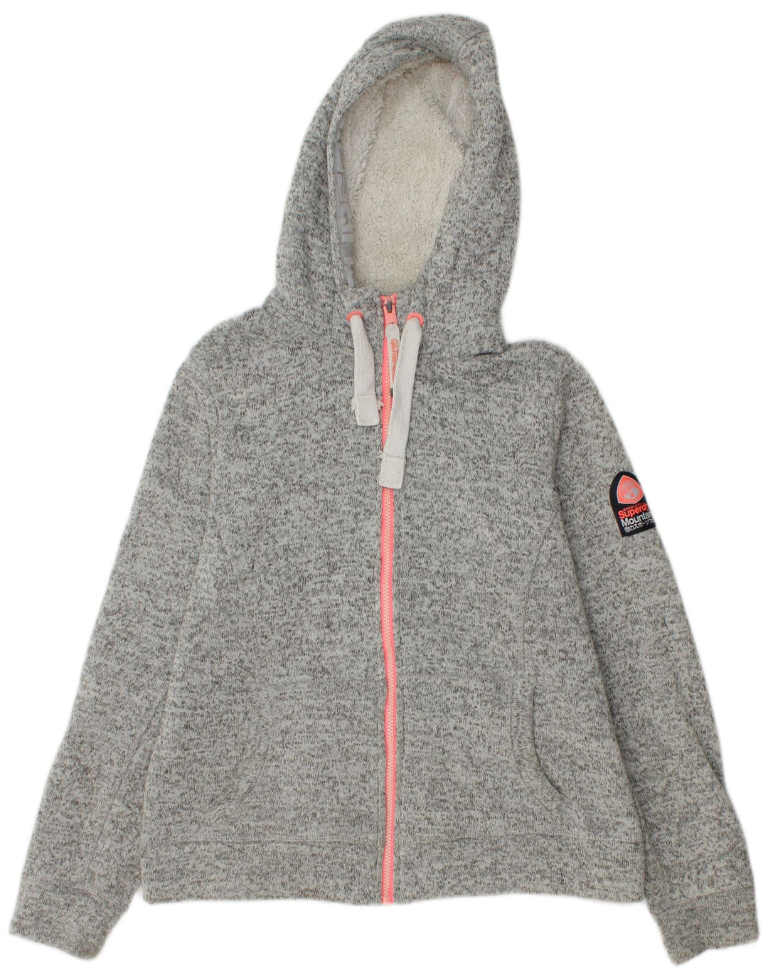 Superdry Damen-Kapuzenpullover mit Reißverschluss, UK 16, großes grau geflecktes Polyester
