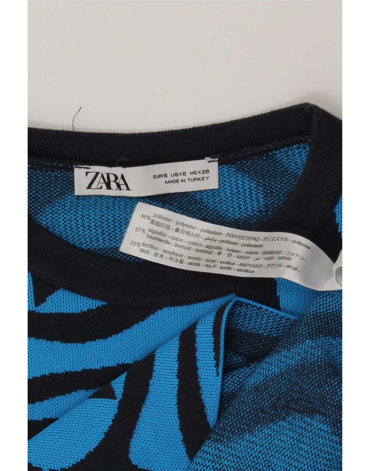 Zara Womens Abstract Pattern Crop Top Langarm UK 8 Small Blau Polyester