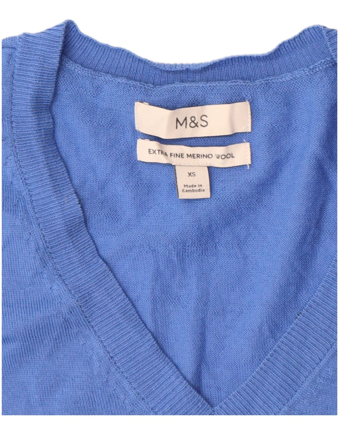 Marks & Spencer Damen-Pullover mit V-Ausschnitt, Gr. 6, XS, blaue Merinowolle