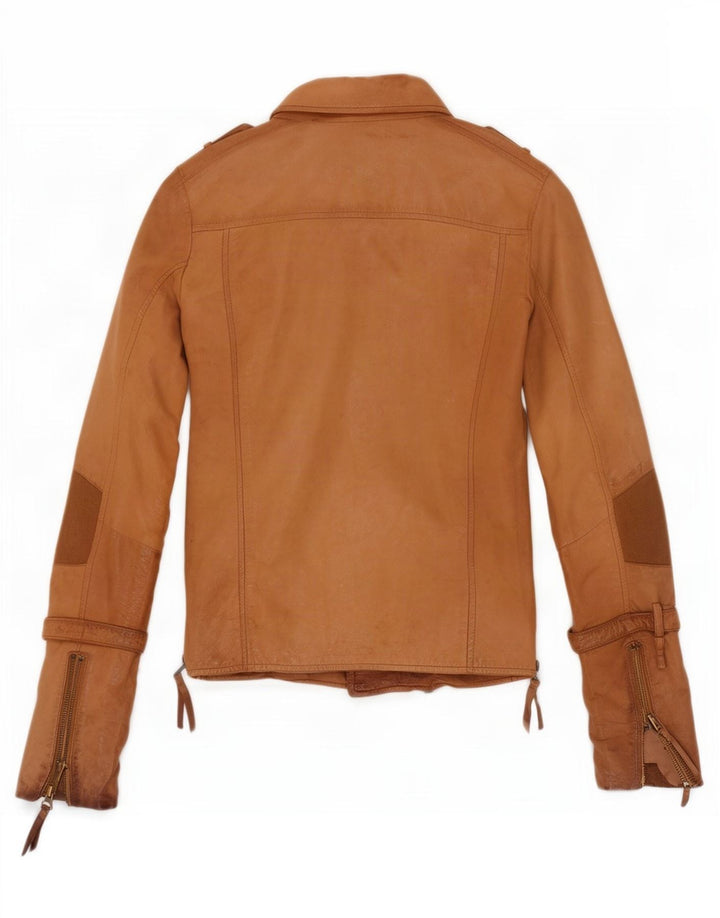 True Religion Damen-Bikerjacke aus Leder, UK 10, Größe S, Beige, Farbblock