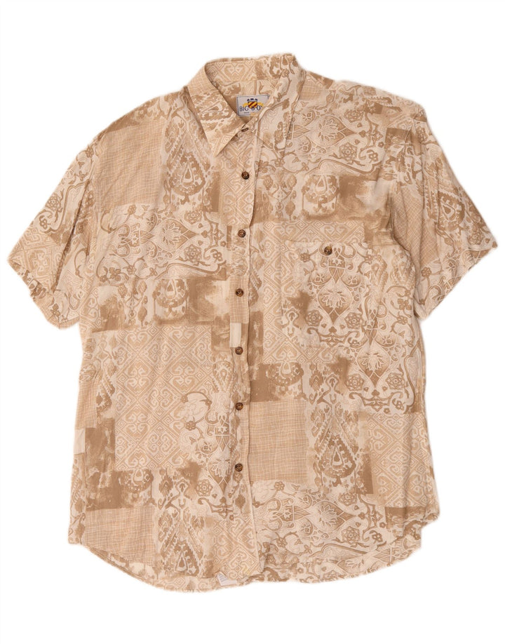 Vintage Herren Kurzarmhemd Mittelbraun Blumen Viskose