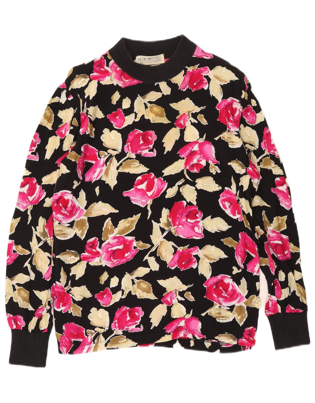 Vintage Damen Top Langarm UK 14 Medium Schwarz Floral Viskose