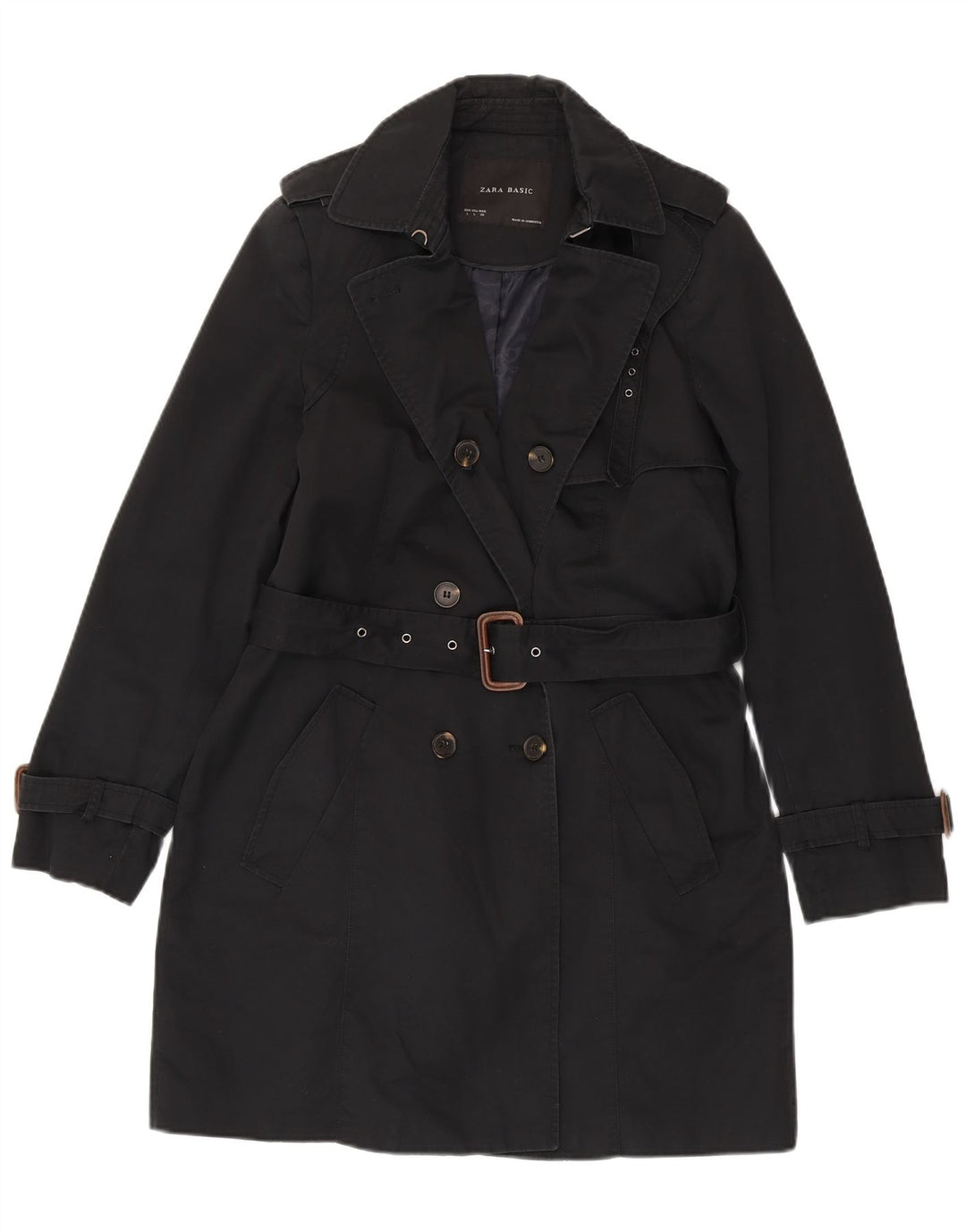Zara Damen Trenchcoat UK 16 Large Schwarze Baumwolle