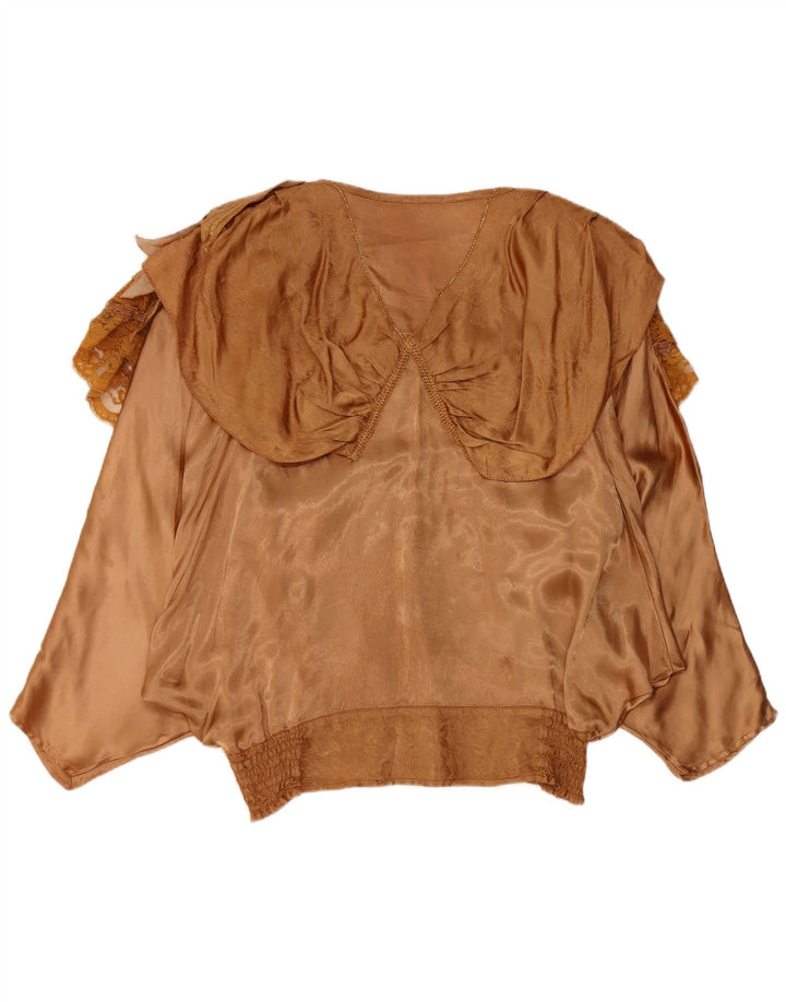 Vintage Damen Bluse mit Rüschen vorne und Fledermausflügel, EU 40/42, große braune Viskose