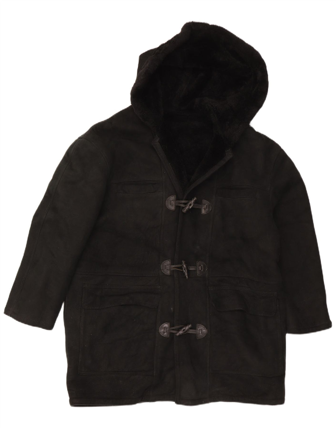 Vintage Damen-Kapuzenübergroßer Shearling-Mantel UK 16 Large Schwarz