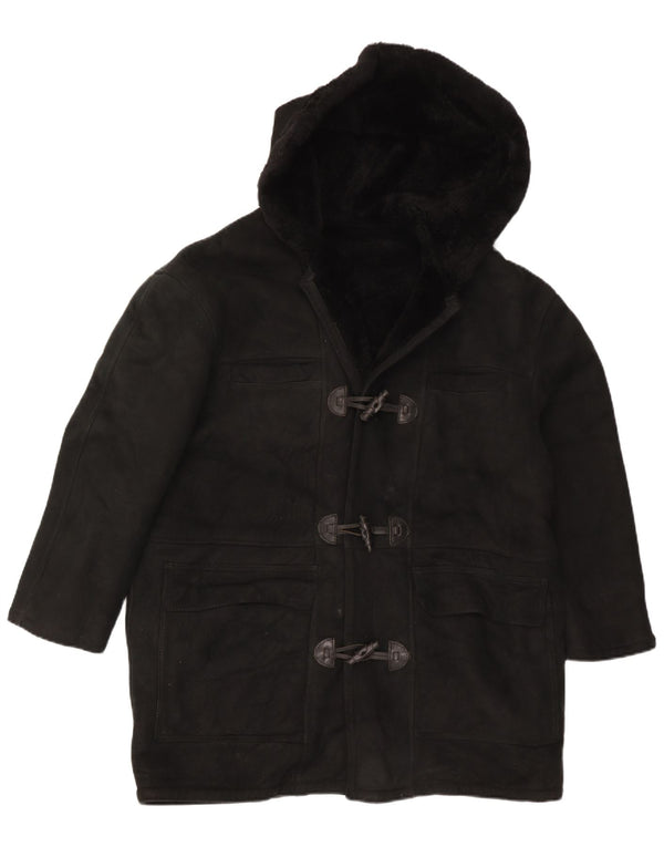 Vintage Damen-Kapuzenübergroßer Shearling-Mantel UK 16 Large Schwarz