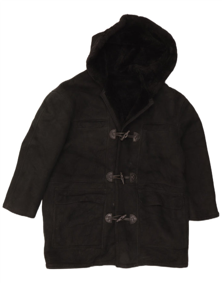 Vintage Damen-Kapuzenübergroßer Shearling-Mantel UK 16 Large Schwarz