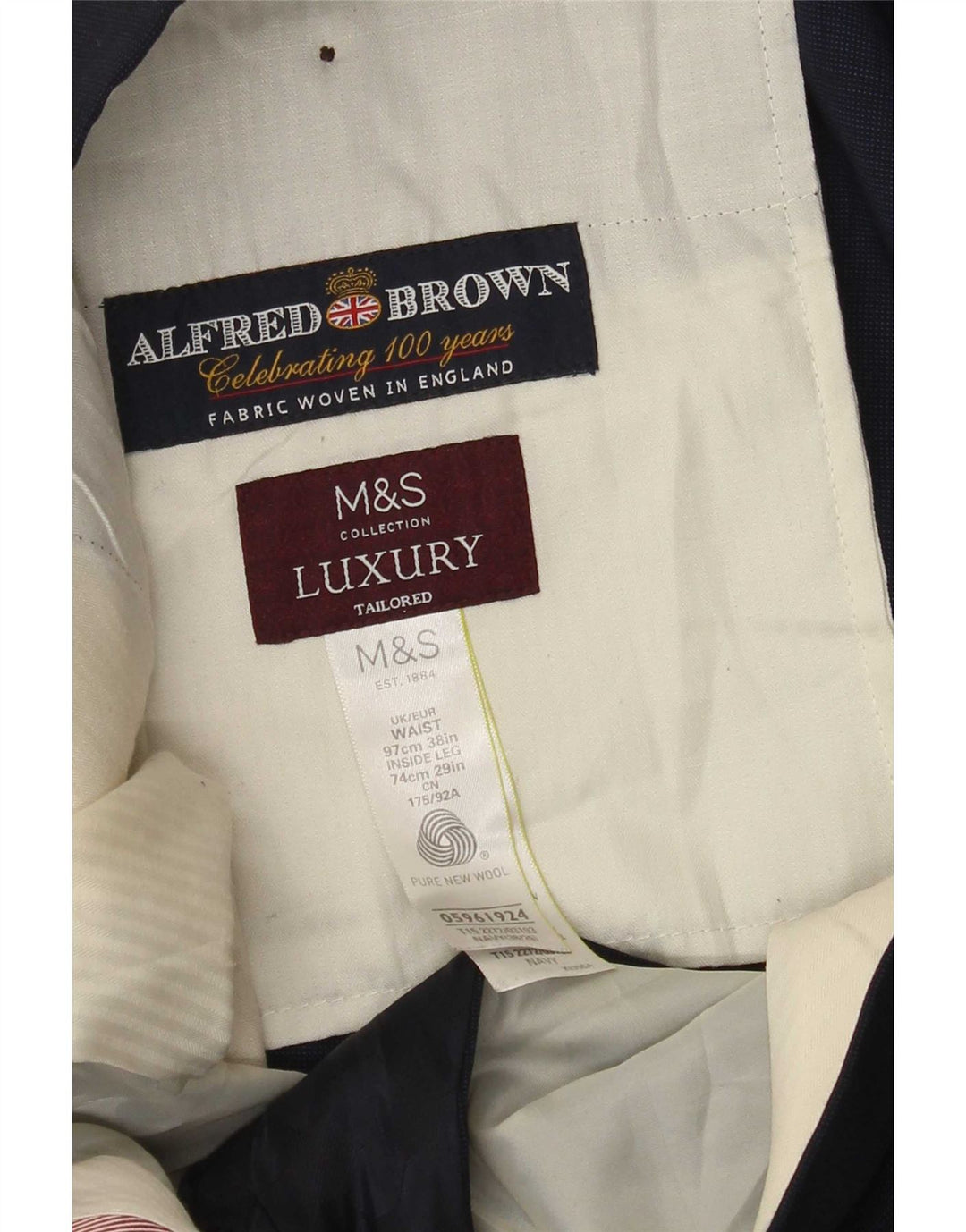 Gerade Herren-Anzughose von Marks & Spencer, W38, L29, marineblaue Wolle