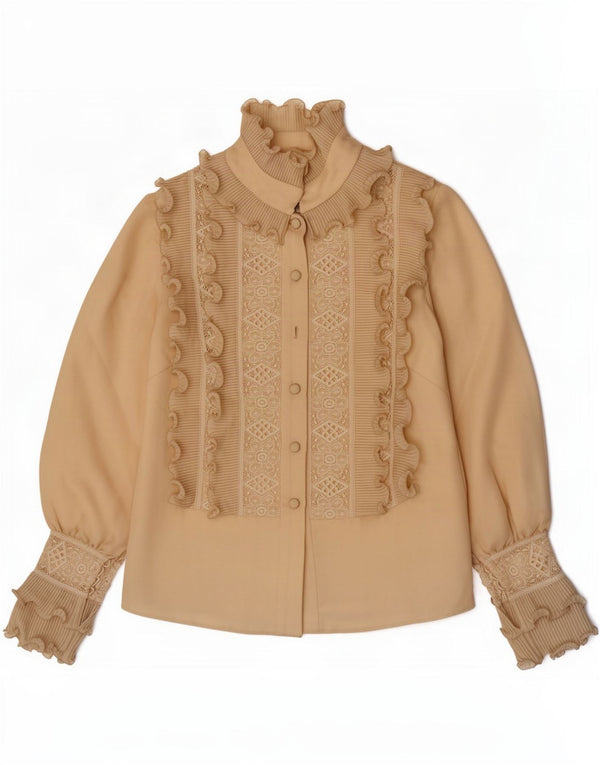 Vintage Damen-Hemdbluse mit Rüschen vorne, Gr. 8, klein, Beige