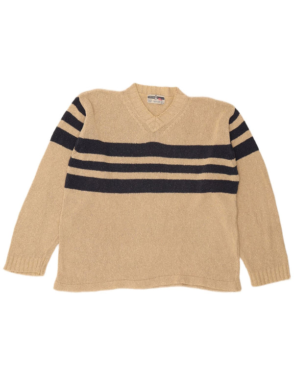 Zara Mens V-Neck Jumper Sweater Large Beige Colourblock Cotton