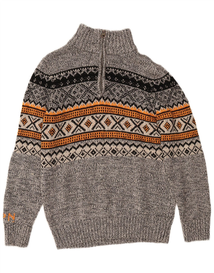 Superdry Herren-Pullover mit Reißverschluss am Hals, groß, Grau, Fair-Isle-Acryl