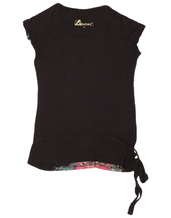 Desigual Damen Grafik-T-Shirt-Oberteil UK 14 Großes schwarzes Blumenmuster