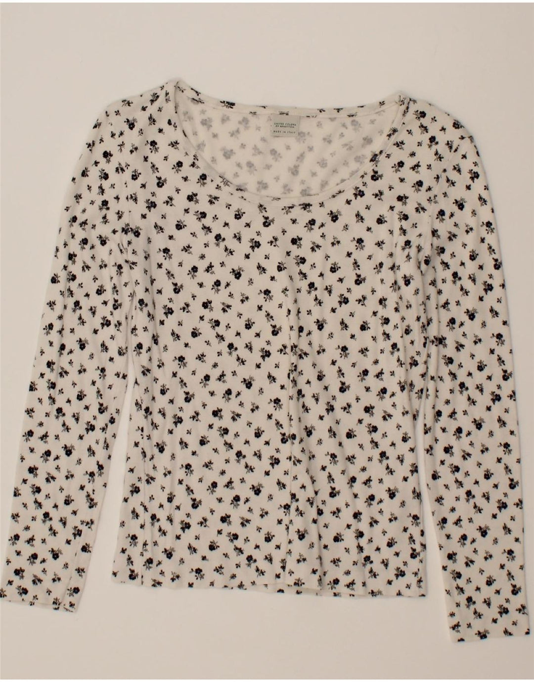 BENETTON Womens Top Long Sleeve UK 12 Medium White Floral Cotton Vintage Benetton and Second-Hand Benetton from Messina Hembry 