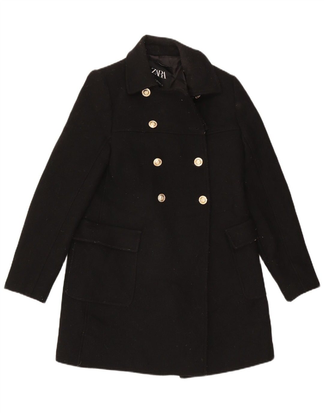 Zara Damen Zweireihiger Mantel UK 6 XS Schwarze Wolle
