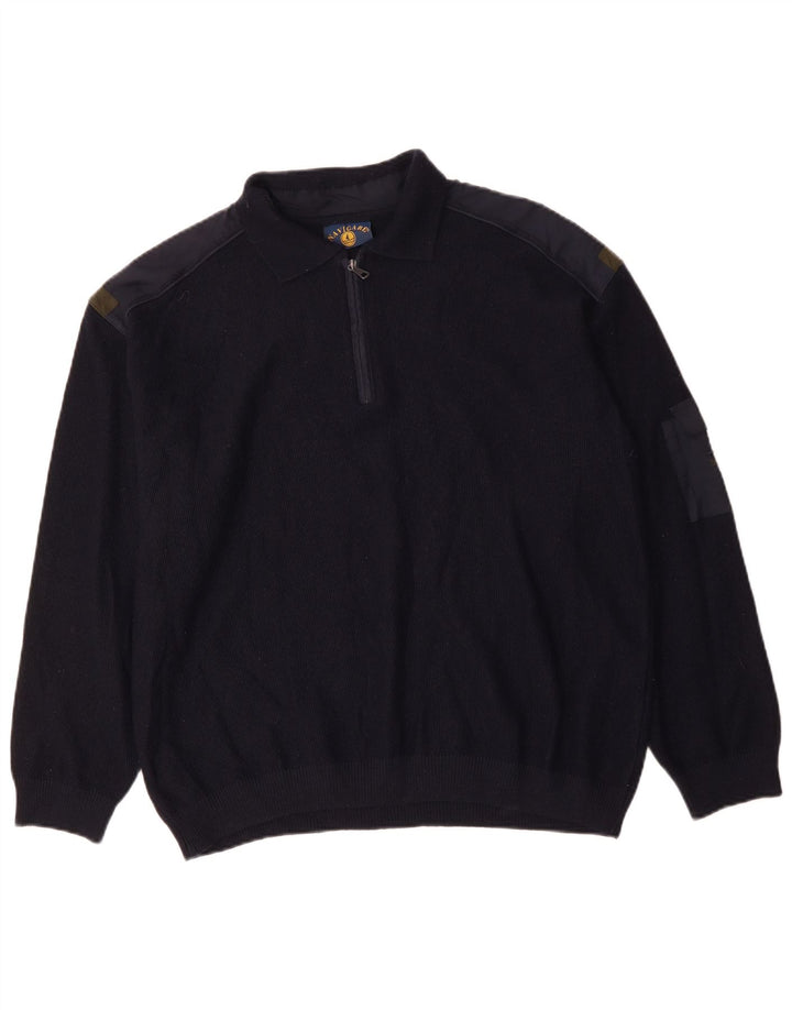 NAVIGARE Herren-Pullover mit Reißverschluss, Polokragen, 2XL, marineblaue Merinowolle