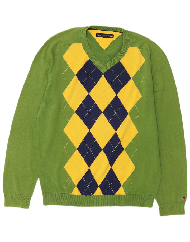 Tommy Hilfiger Herren-Pullover mit V-Ausschnitt, mittelgrün, Argyle/Diamant