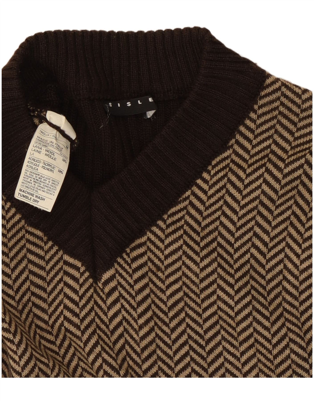 Sisley Damen Weste Tank Top UK 12 Mittelbraune Wolle mit Fischgrätenmuster