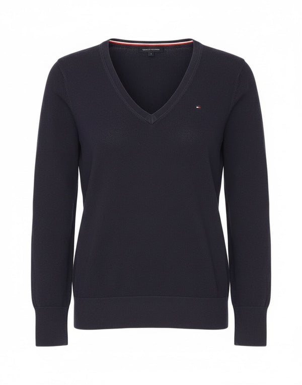 Tommy Hilfiger Damen-Pullover mit V-Ausschnitt, UK 12, mittelmarineblaue Baumwolle
