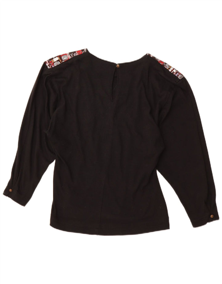 VINTAGE Grafisches Langarm-Blusenoberteil für Damen UK 12 Medium Schwarz Acryl