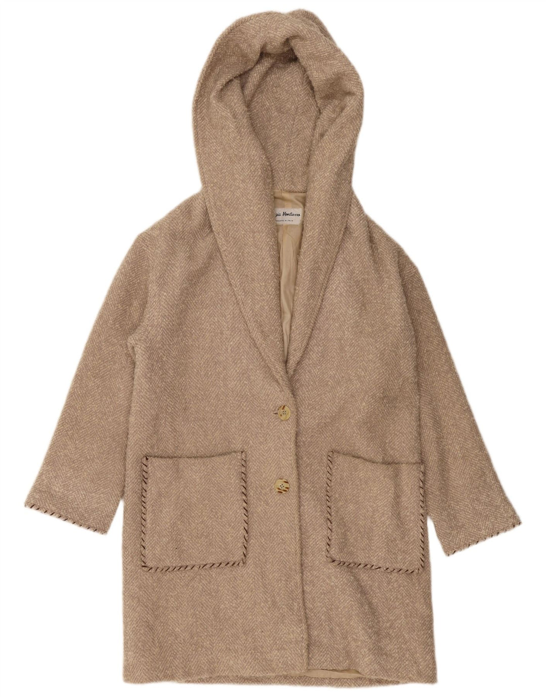 VINTAGE Damen Übergroßer Kapuzenmantel UK 10 Small Beige Herringbone