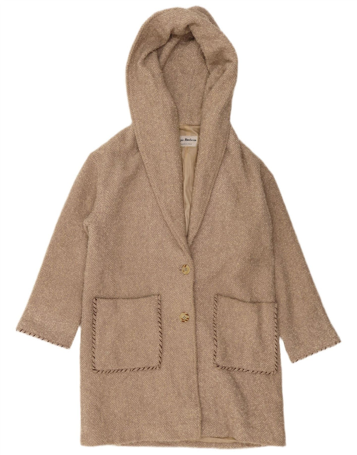 VINTAGE Damen Übergroßer Kapuzenmantel UK 10 Small Beige Herringbone