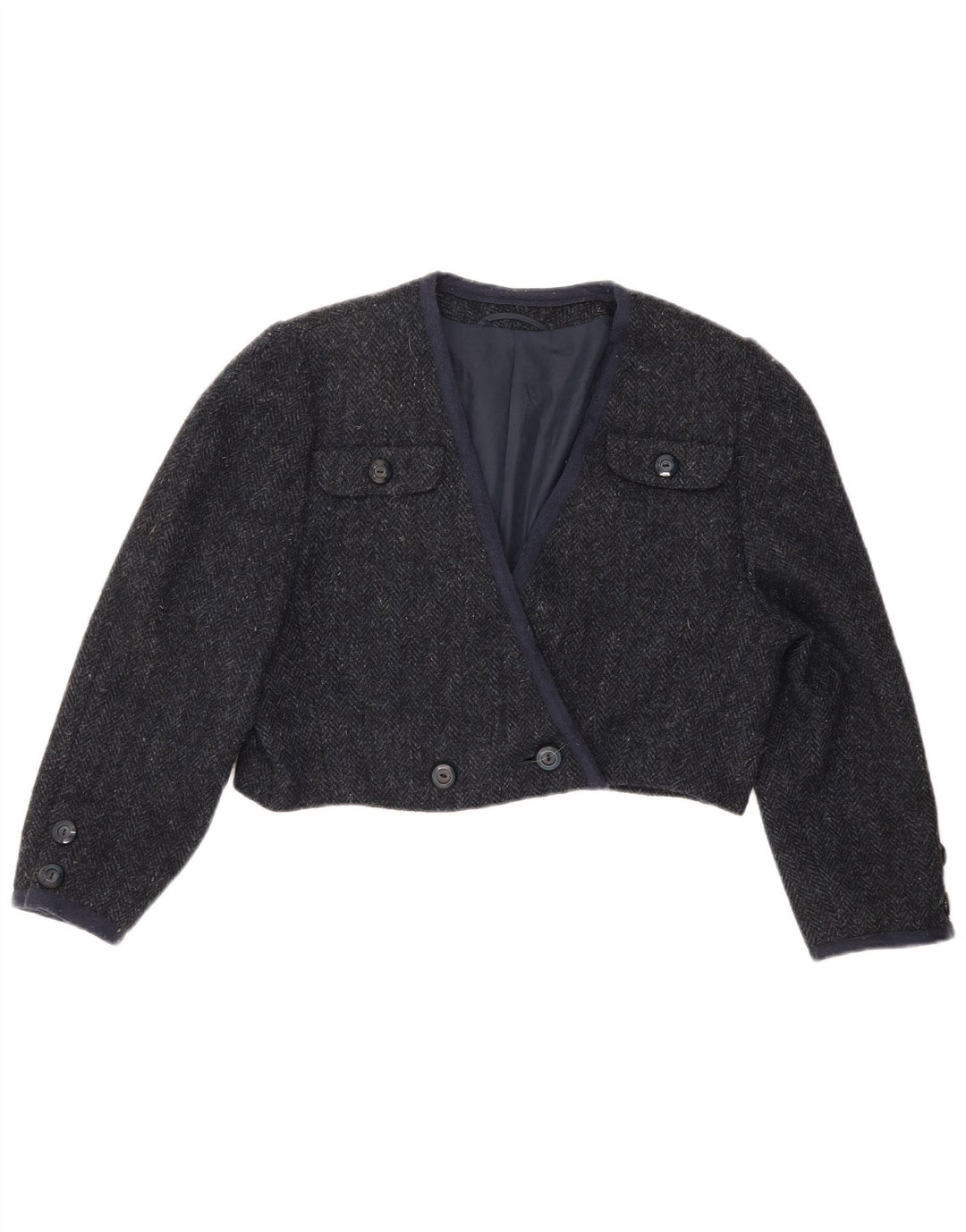 Vintage Damen 3/4 Ärmel Bolero Jacke UK 12 Mittel Marineblau Fischgrätenmuster