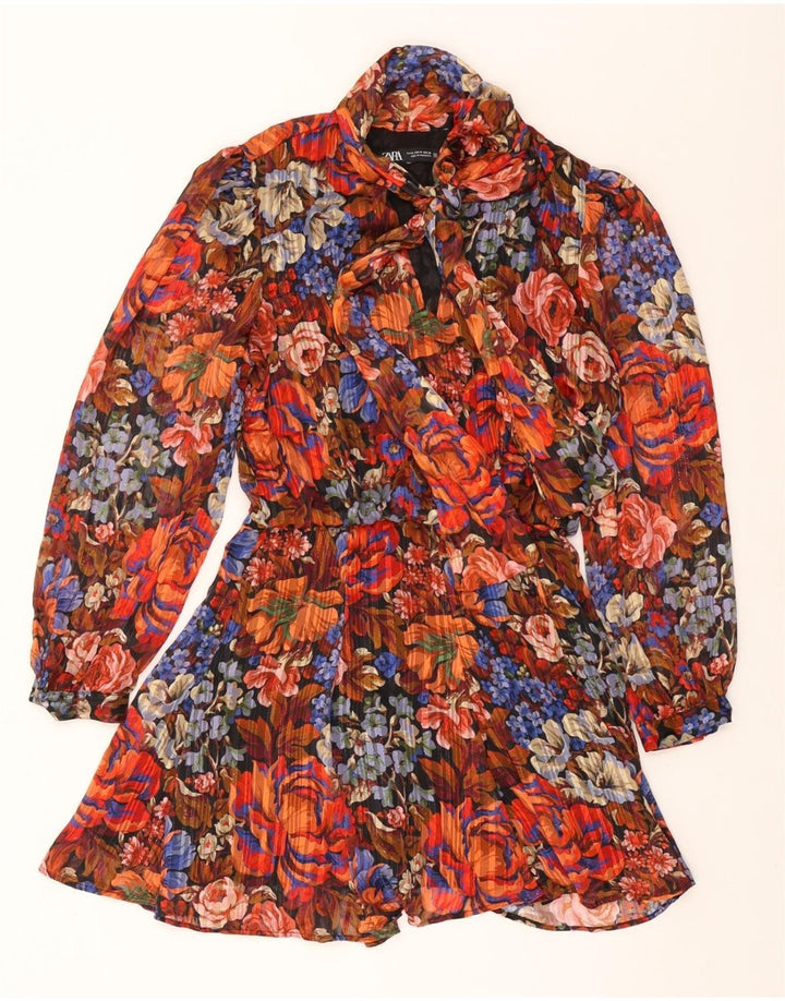 ZARA Damen A-Linien-Kleid zum Binden vorne, Größe M, mehrfarbig, Blumenmuster