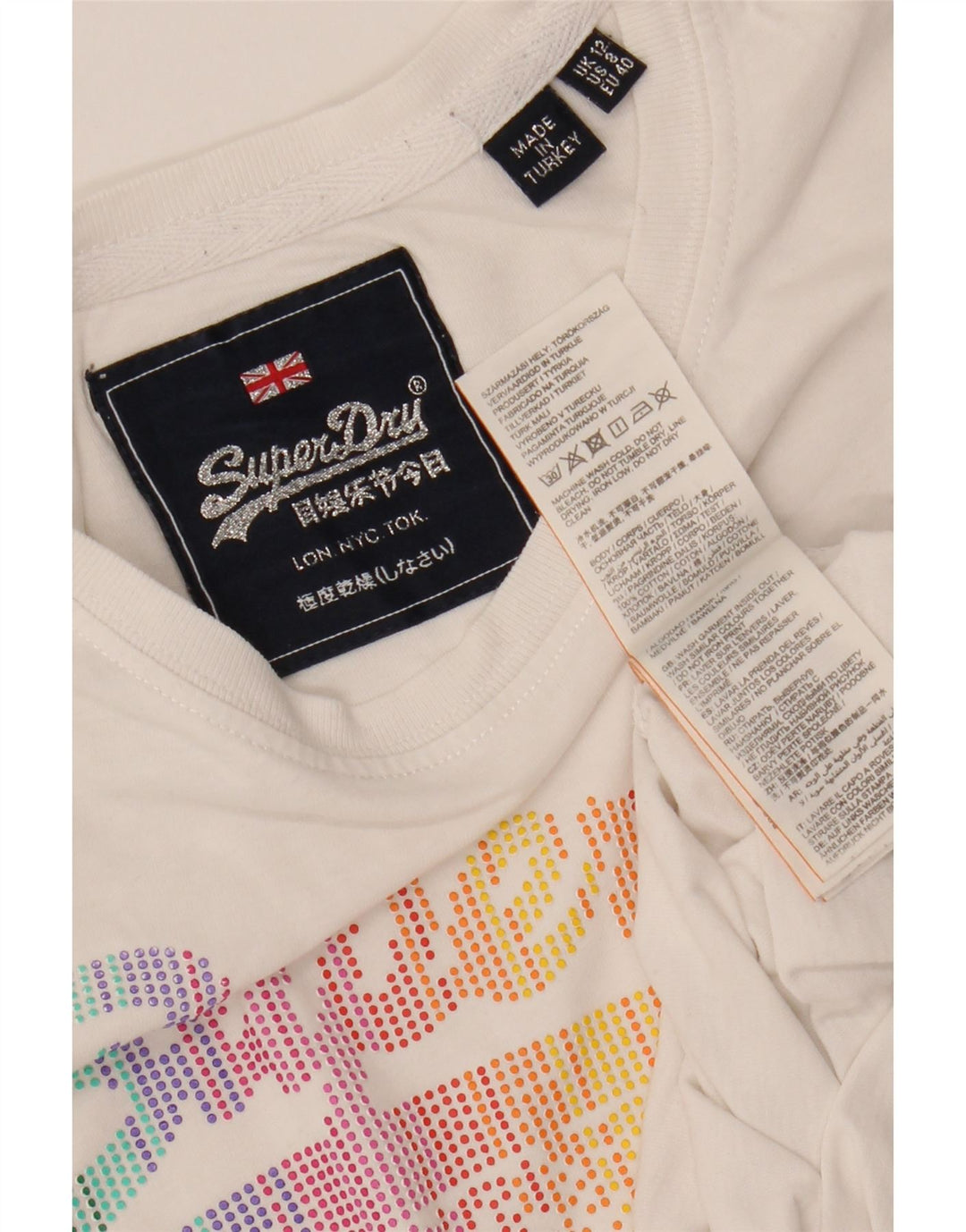 SUPERDRY Damen Grafik-T-Shirt-Oberteil UK 12 Mittelweiße Baumwolle