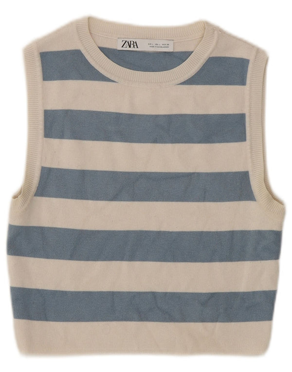 Zara Damen Ärmelloses Crop Top UK 14 Große blau gestreifte Viskose