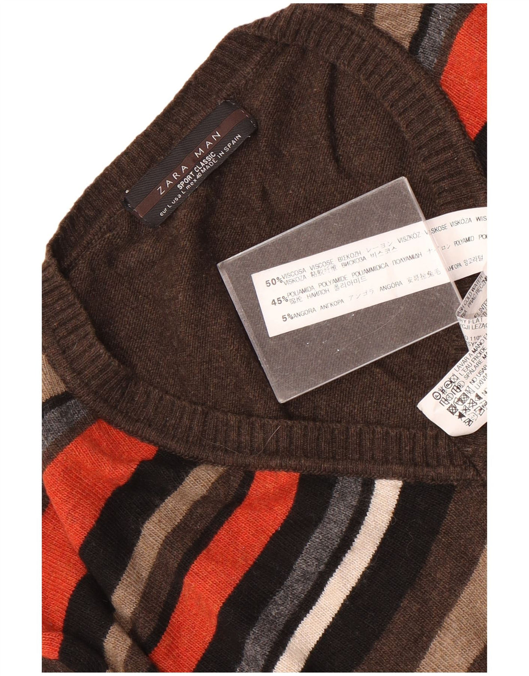Zara Herren-Pullover mit V-Ausschnitt, groß, braun gestreift, Viskose