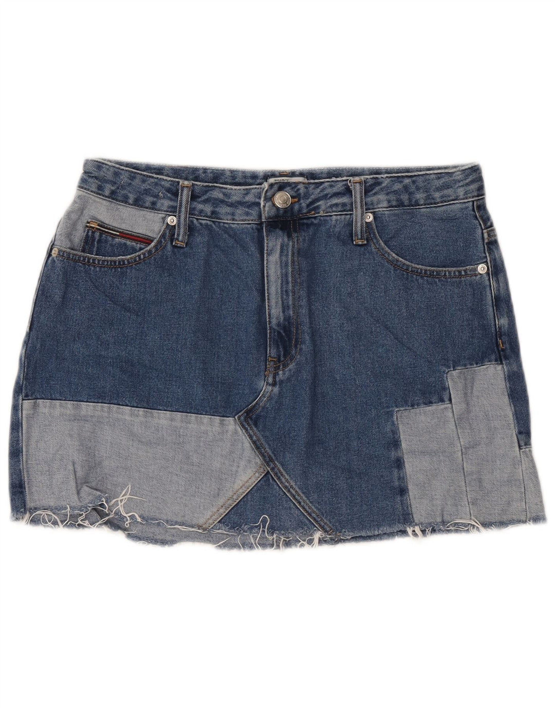 Tommy Hilfiger Damen-Mini-Jeansrock, groß, W32, blaue Patchwork-Baumwolle
