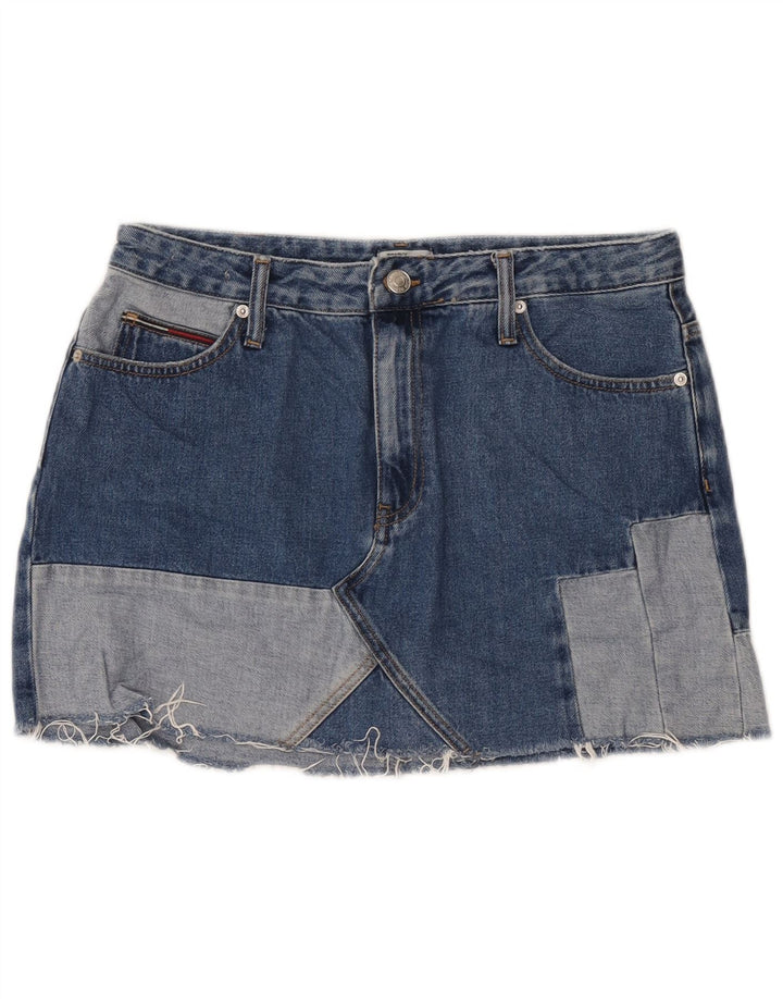 Tommy Hilfiger Damen-Mini-Jeansrock, groß, W32, blaue Patchwork-Baumwolle